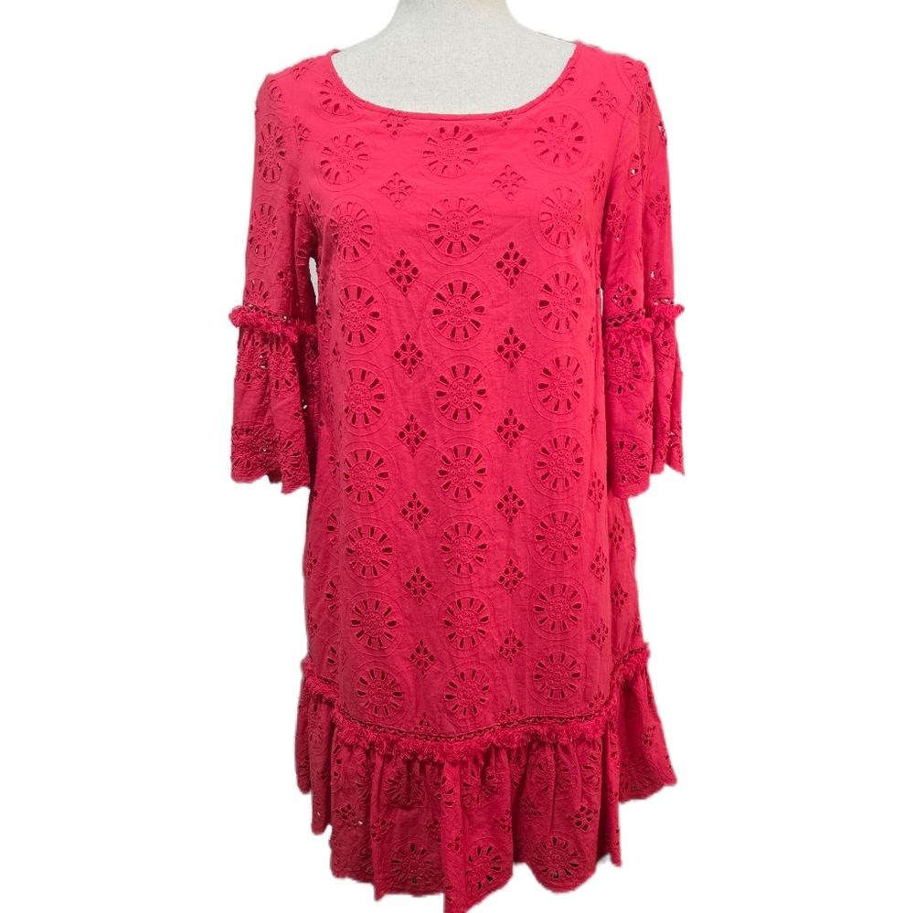 Anthropologie Dani Eyelet Lace Mini Dress Pink Size 2 Fringe Belle Sleeve Boho